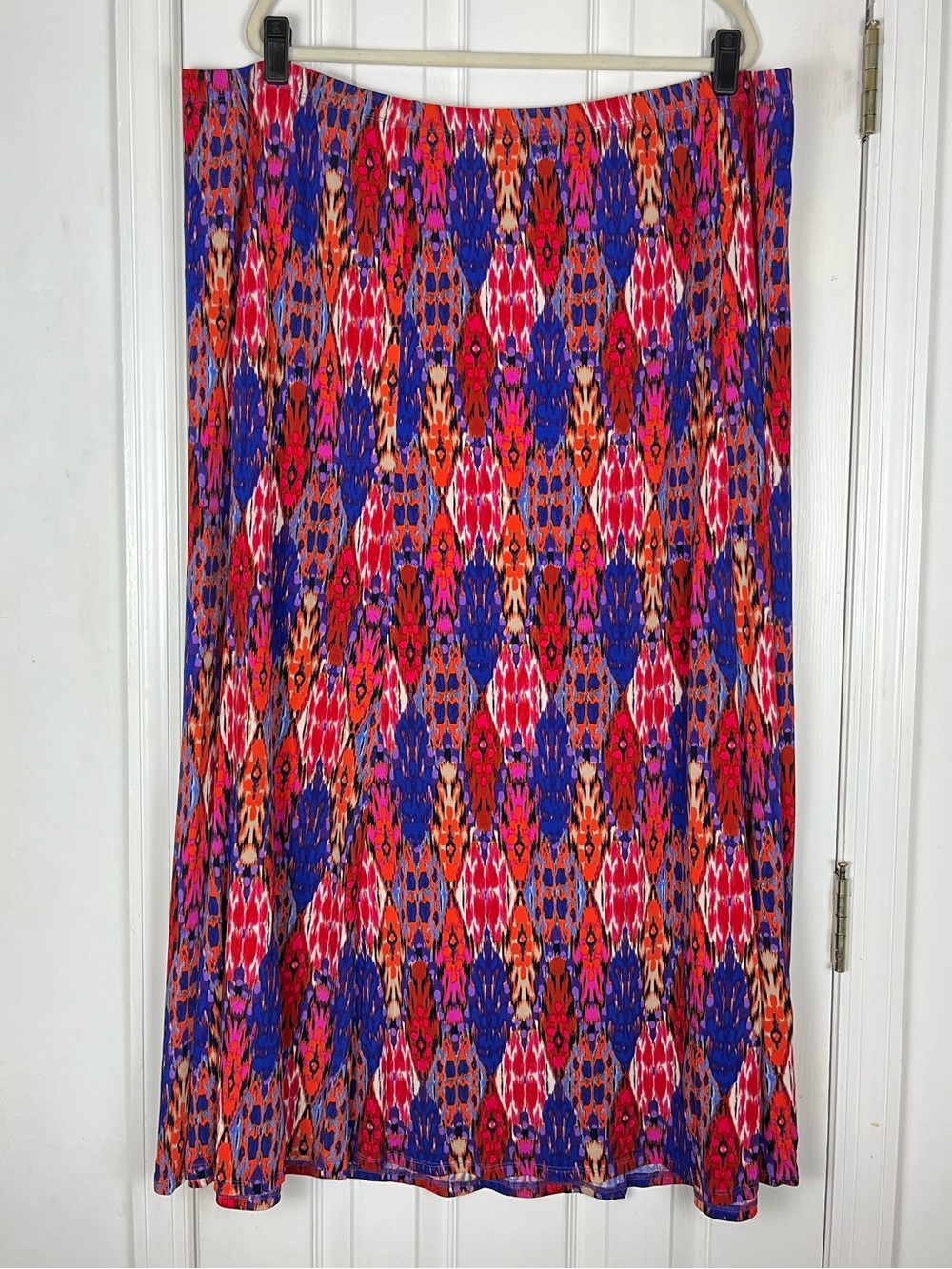 Susan Graver Maxi A-Line Pull On Skirt Geo Floral Watercolor Print Reds/Blues